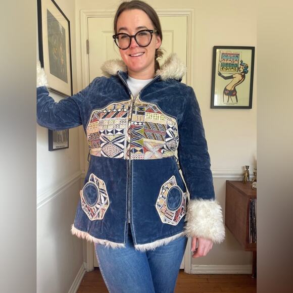 70s Vintage Blue Crush Velvet Penny Lane Style Coat w Faux Fur Trim and Hood - Picture 6 of 10